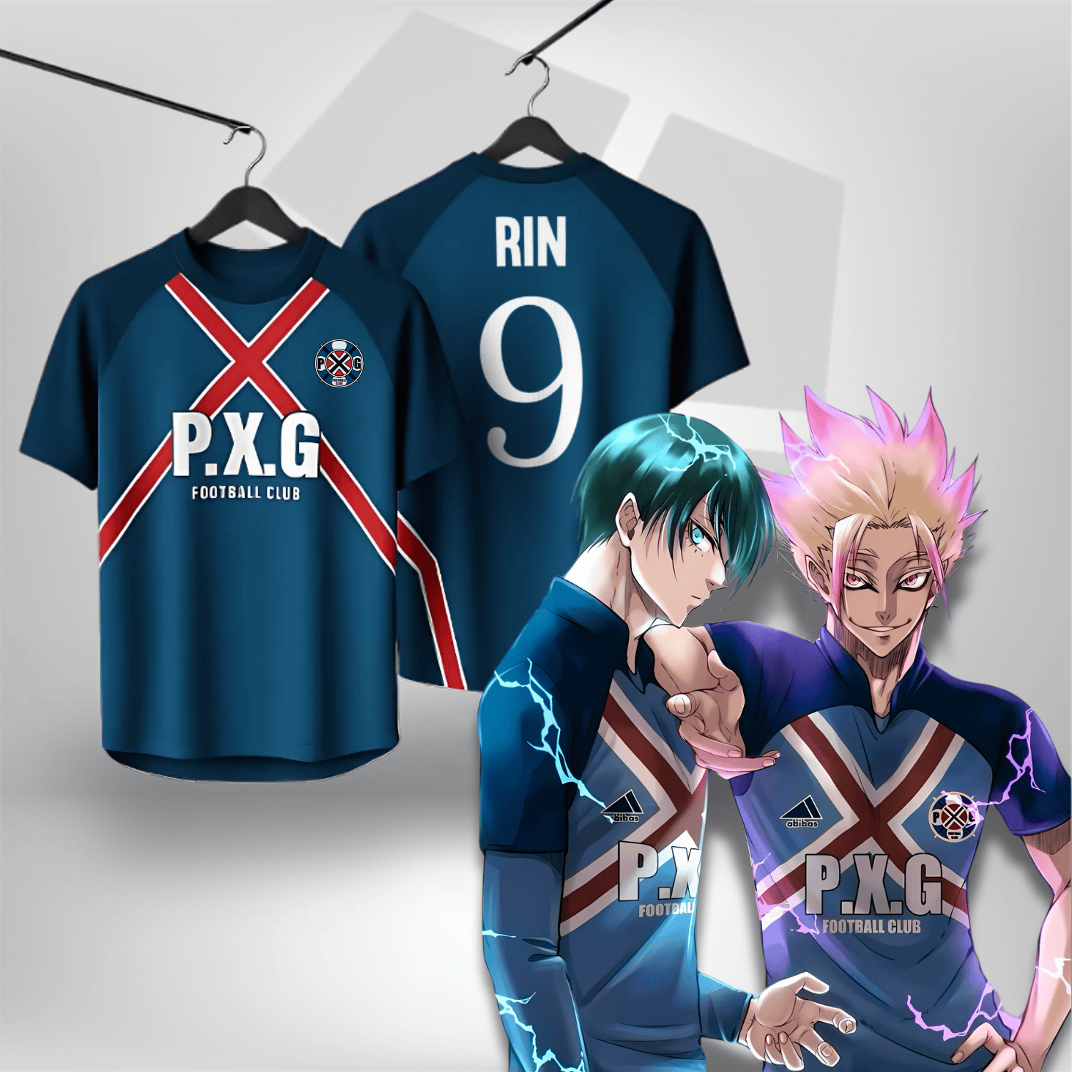 Maillot Blue Lock du PXG avec Rin Itoshi et Shidou Ryusei à côté