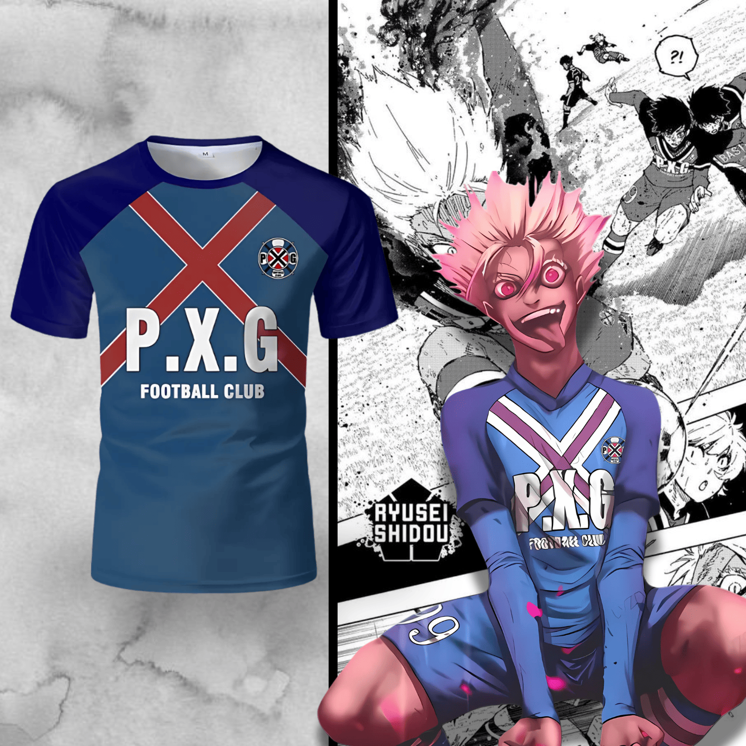 Maillot Blue Lock du PXG avec Shidou Ryusei à côté