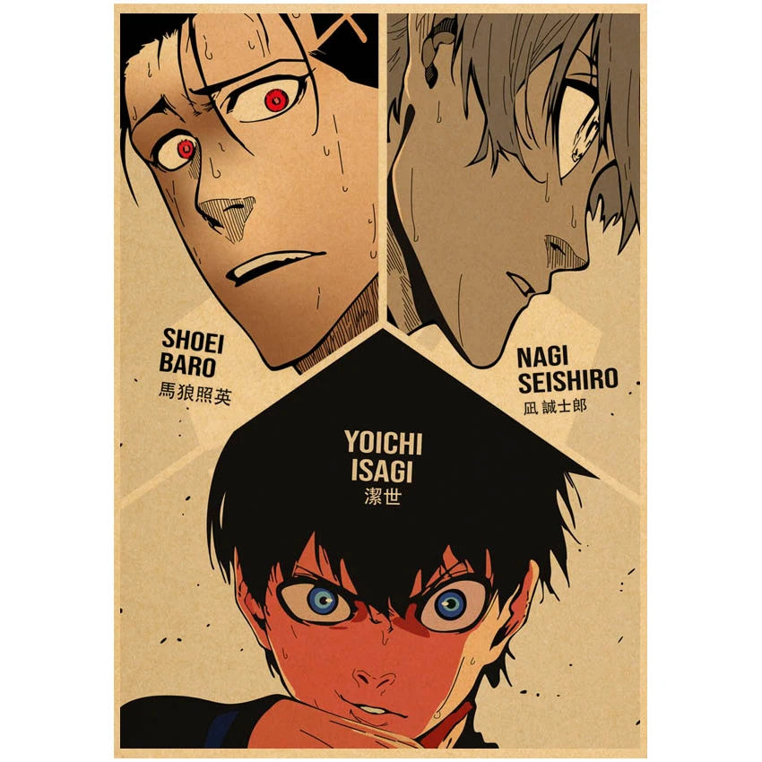 Poster Bluelock illustrant les personnages Yoichi Isagi, Shoei Baro et Seishiro Nagi