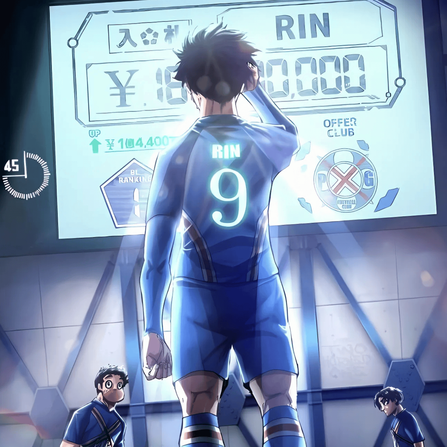 Rin Itoshi, personnage de Blue Lock portant le maillot de son club le PXG