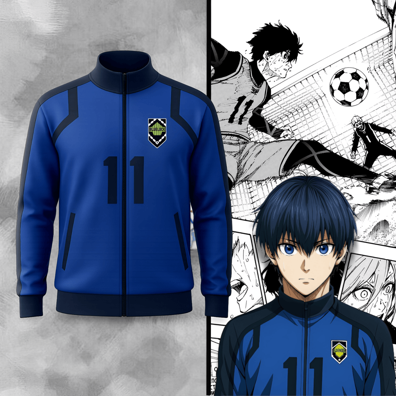 Survêtement de Match de Blue Lock avec Isagi Yoichi qui le porte à côté