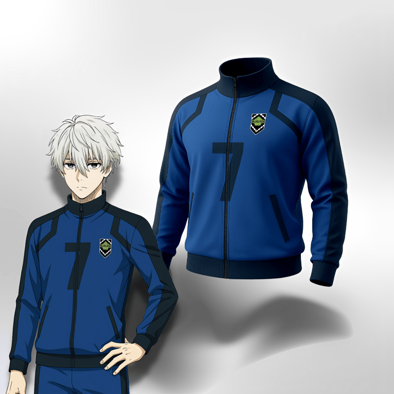 Survêtement de Match de Blue Lock avec Nagi Seishiro qui le porte à côté