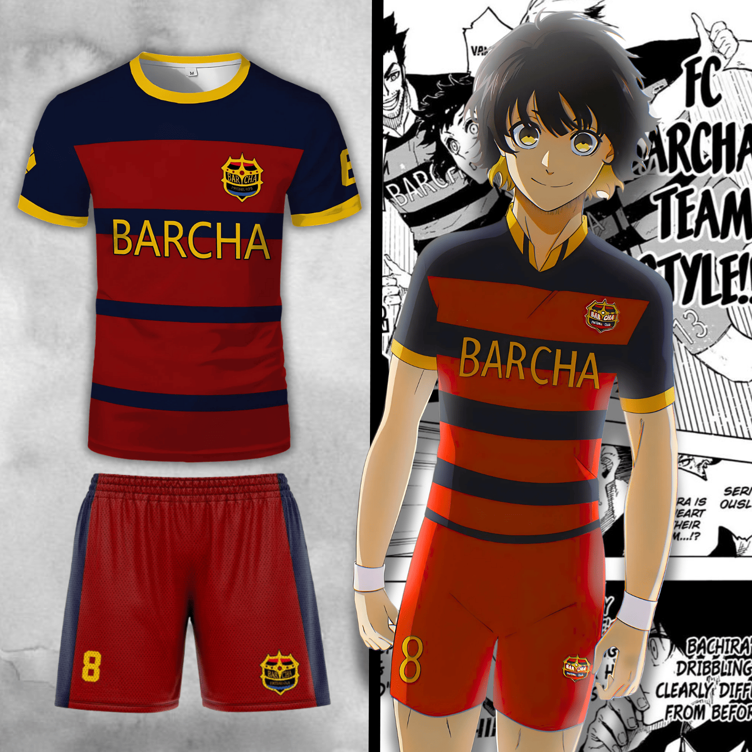 Tenue complète de Barcha de Blue Lock avec le maillot et le short à côté de Bachira Meguru