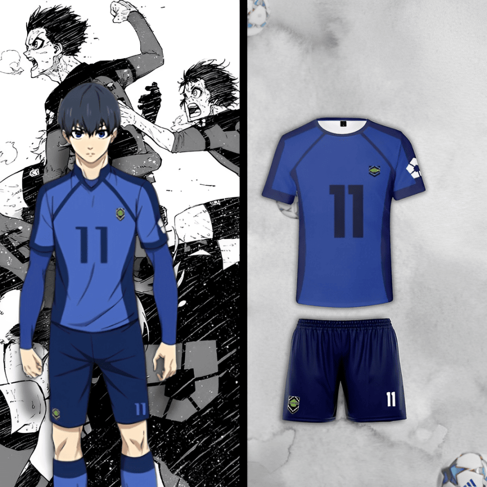 Ensemble de l'équipe du Blue Lock avec le maillot et le short et Isagi Yoichi à côté