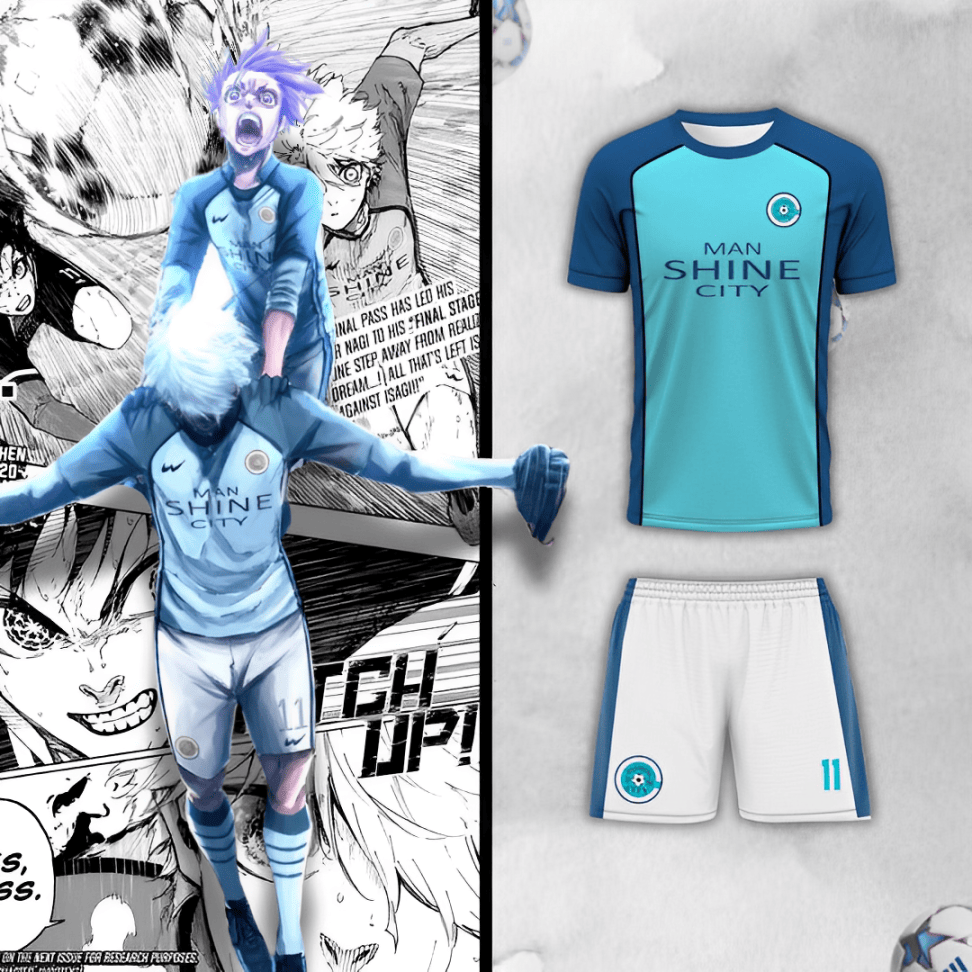 Ensemble Blue Lock de Manshine City avec le maillot et le short à côté de Nagi Seishiro