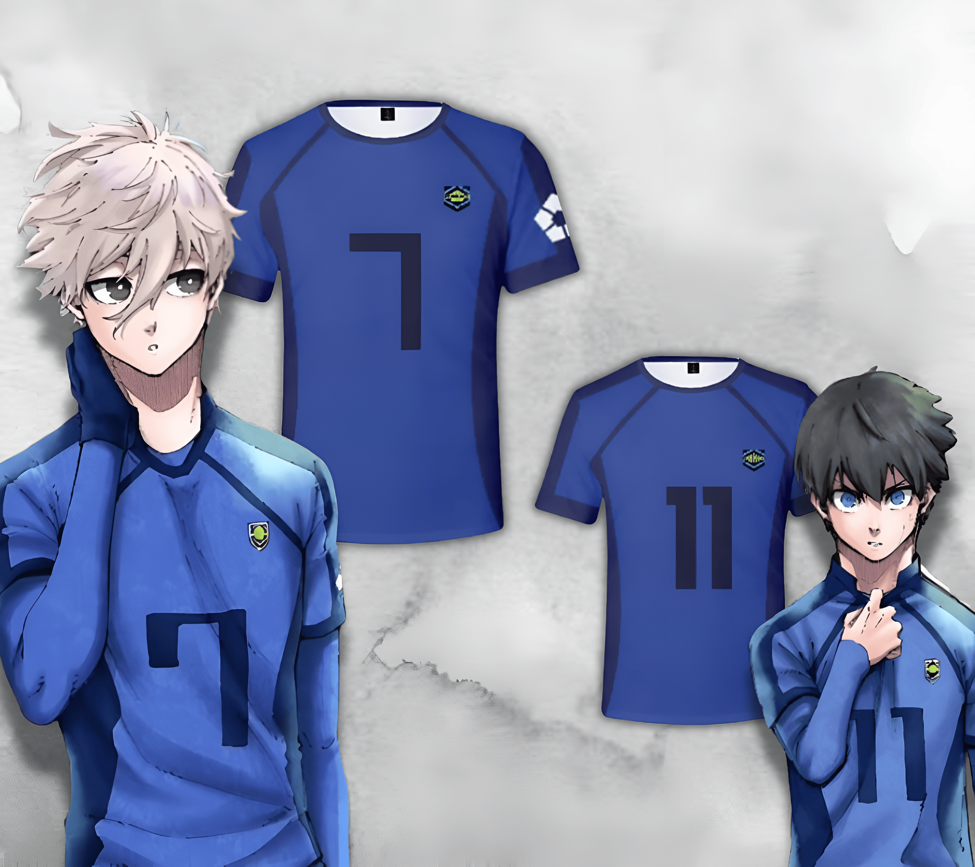 Maillot Blue Lock de Nagi et Isagi à côté de leurs maillot