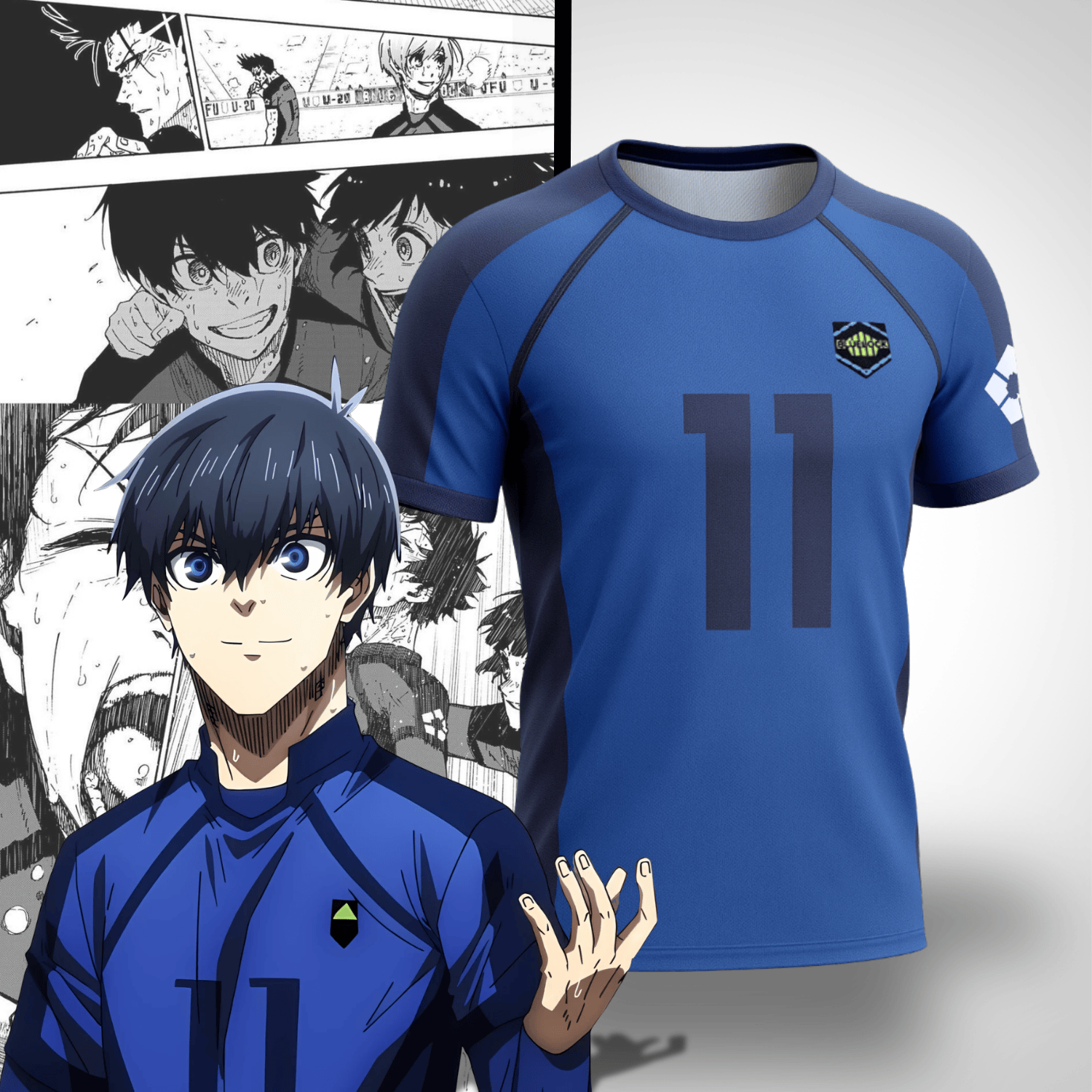 Maillot Blue Lock avec Isagi Yoichi qui le porte à côté